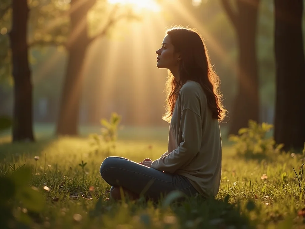 A person sitting alone in a peaceful nature setting, sunlight filtering through trees, gentle expression showing deep co