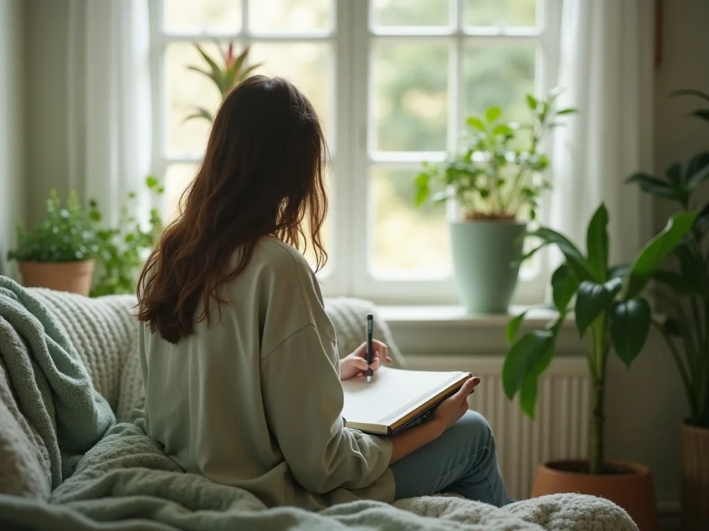 Highly sensitive person journaling for emotional healing in peaceful setting