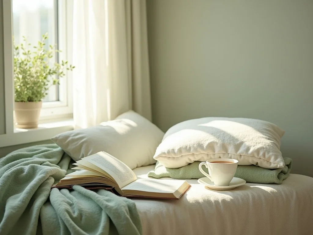 A quiet reading nook with soft blankets and tea for emotional rest
