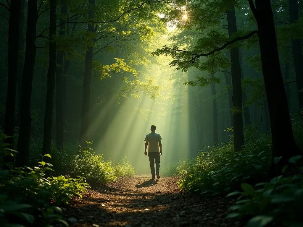 Person walking through a peaceful forest path