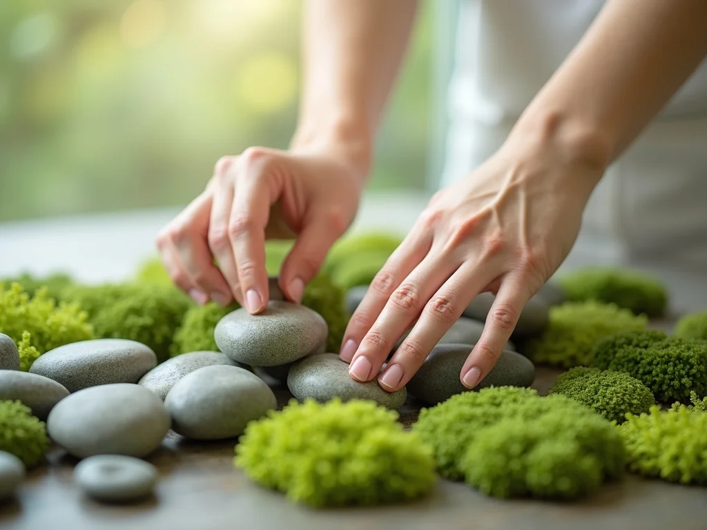 Hands touching natural textures like smooth stones and soft moss in gentle light