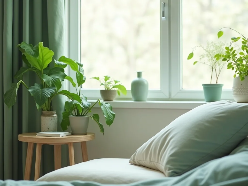 A quiet corner with plants and soft textiles in natural sage and forest tones